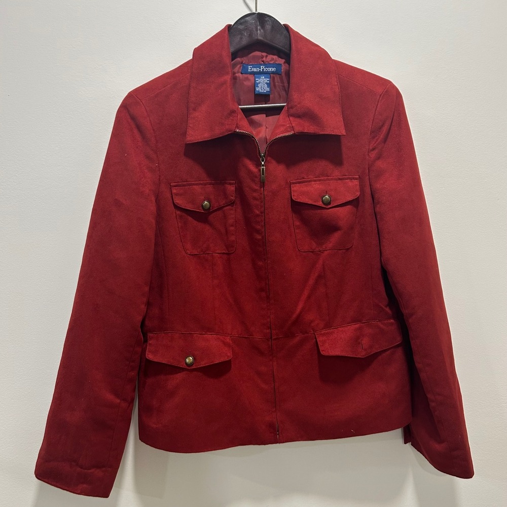 Evan Picone‎ Red Suede Jacket Blazer Zip Front Pockets Womens Size 12